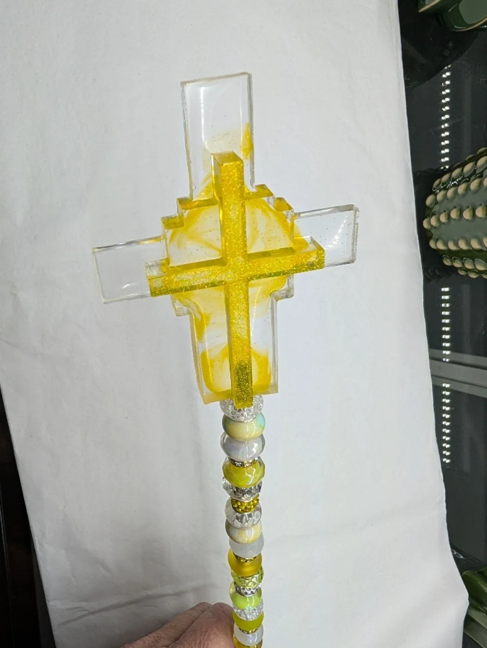 Beaded Fairy Wand/Plant/Garden Stake W/Resin Cross Topper ✝️